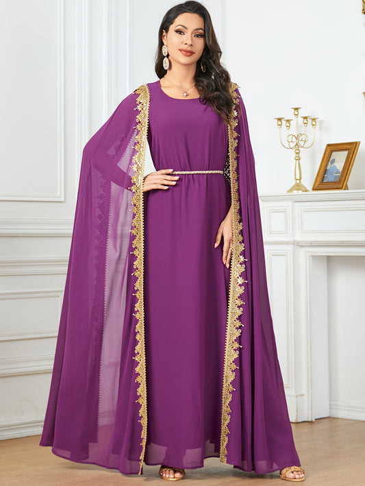Middle Eastern-Inspired Emerald Green Sequin-Trimmed Lace Embroidery Robe Modern Abaya - Long Sleeve A-Line Gown with Golden Accents, Machine Washable Formal & Casual Wear