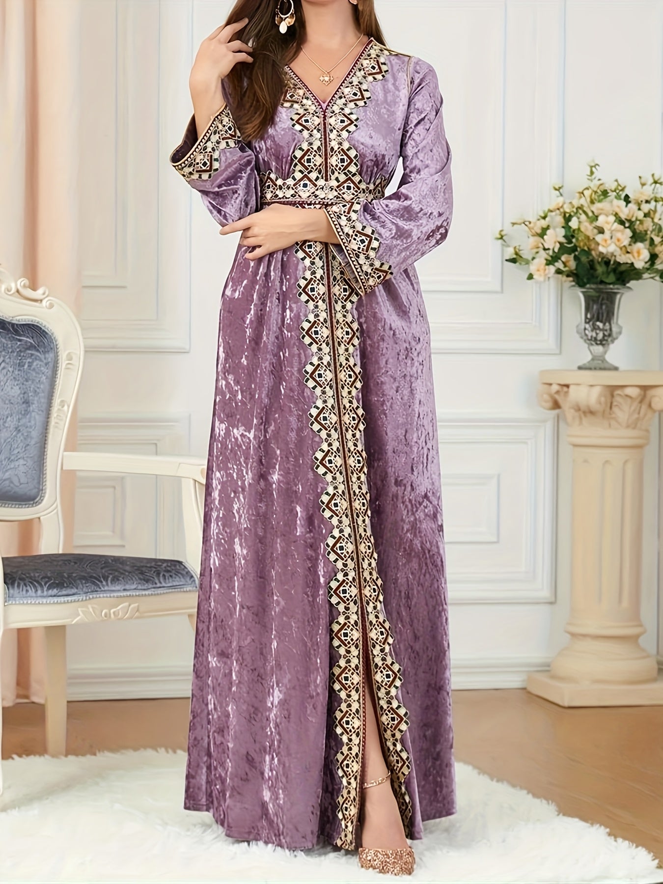 Women's Muslim Velvet Embroidered Abaya with Long Sleeves, V-Neck Moroccan Party Kaftan, Turkish Arabic Maxi Dress.