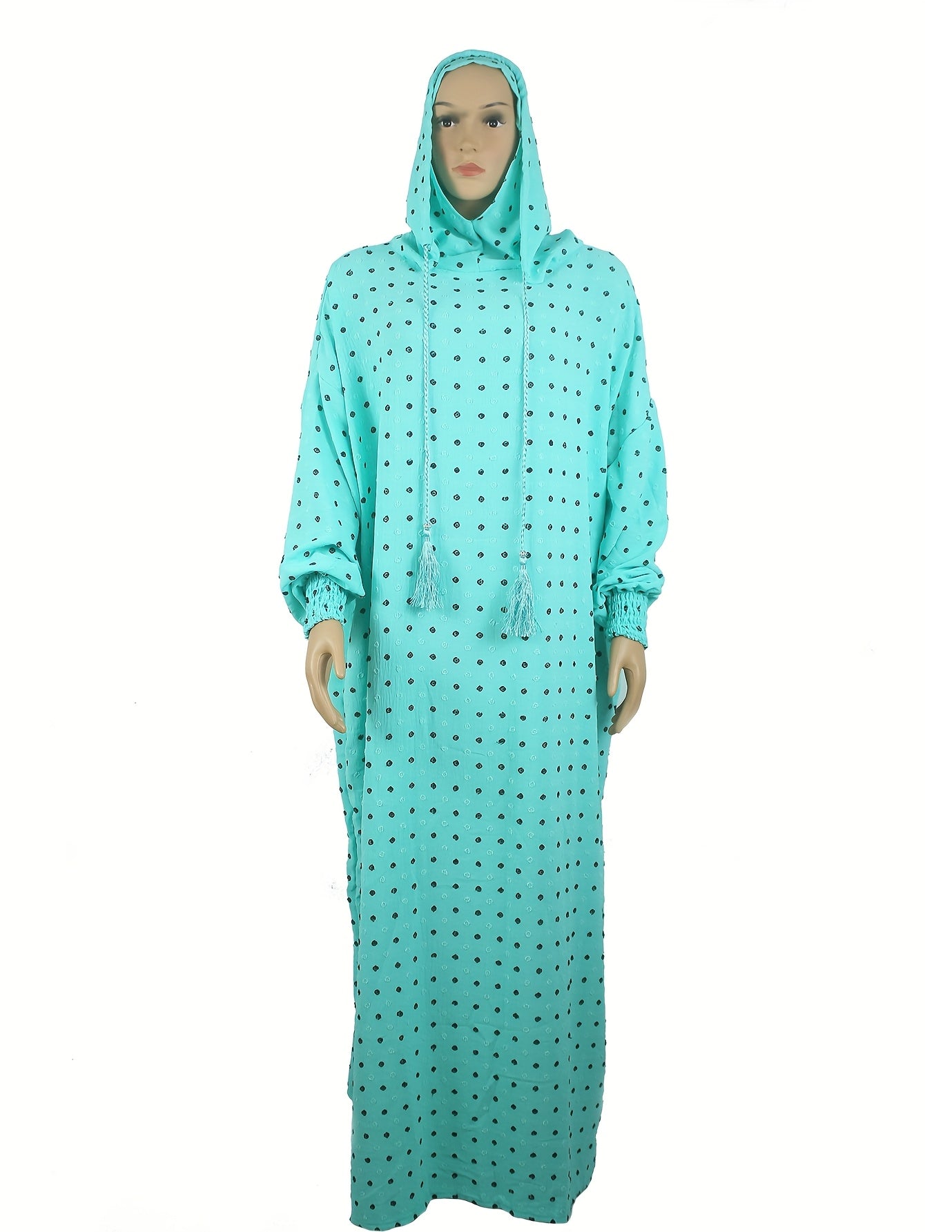 Plus Size - Elegant Plus Size Abaya with Hood - Loose Fit, Long Sleeve, Polka Dot Design, Drawstring Neck, All-Season Wear, Casual Weekend Dress for Muslim Women, Casual Wear Abaya