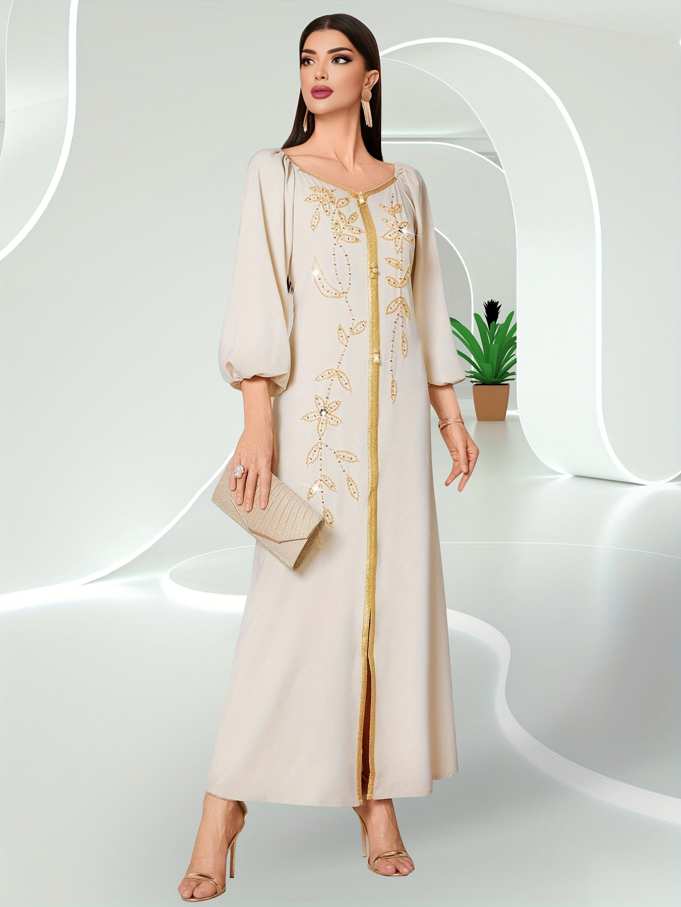 Elegant Long Sleeve Polyester Dress with Lantern Sleeves, Solid Color, Tie Back, and Belted Waist Palestinian Abaya