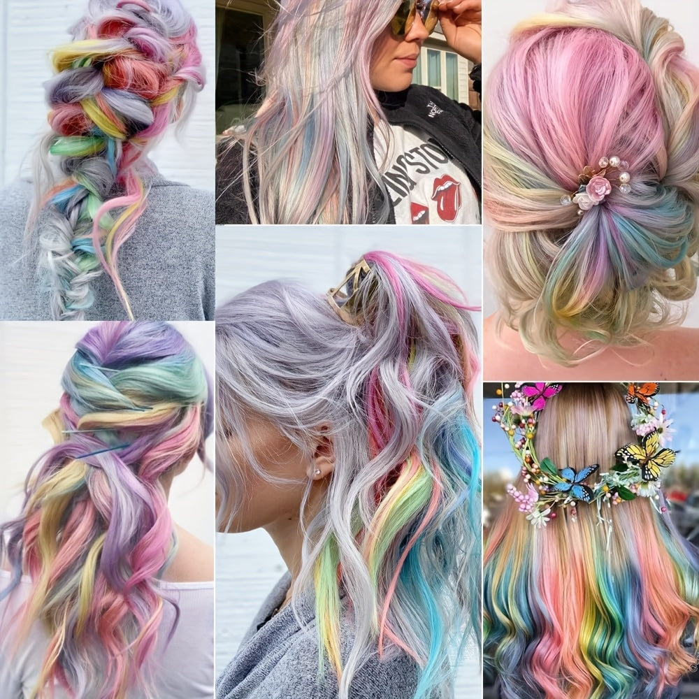 12pcs Rainbow Clip-In Hair Extensions - Vibrant Pastel Colors (Pink, Green, Yellow, Purple, Orange, Red, Brown, ) - Heat-Resistant Synthetic, Easy Application & Damage-Free Styling - Perfect for Parties, Photo Shoots, Festiva
