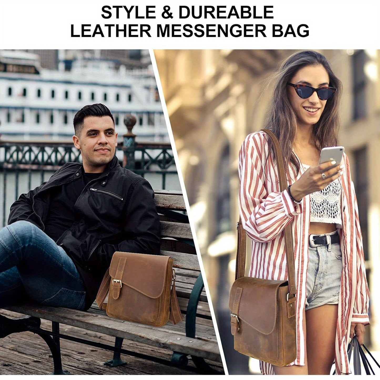 Vintage Leather Messenger Bag for Men & Women - Adjustable Crossbody Shoulder Bag with Multiple Compartments, Front Flap Closure & Top Handle