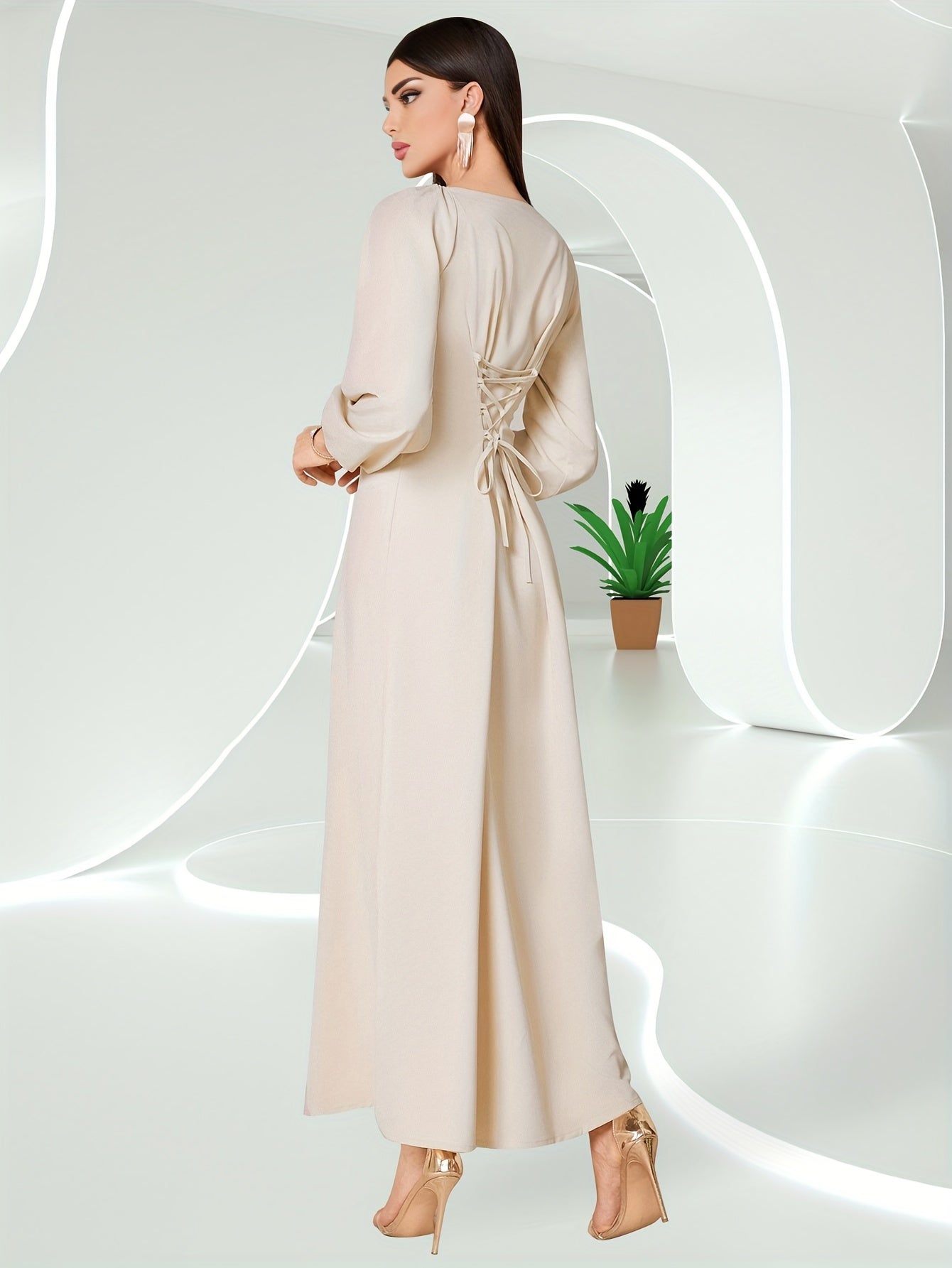 Elegant Long Sleeve Polyester Dress with Lantern Sleeves, Solid Color, Tie Back, and Belted Waist Palestinian Abaya