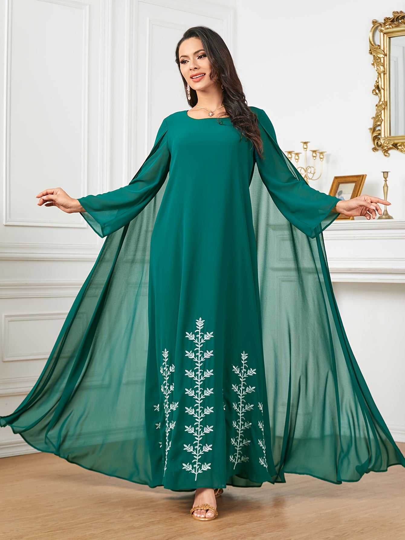 Polyester Traditional Abaya Dress - Solid Color Round Neck Embroidered Long Sleeve with Cape, Regular Fit, All-Season, Middle Eastern Cultural Apparel