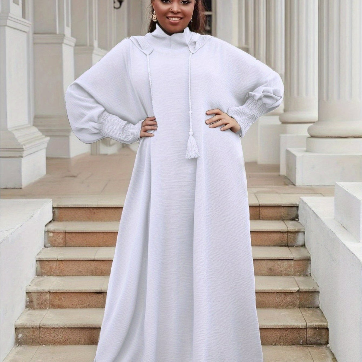 Plus Size Women's Hooded Long Sleeve Abaya - Oversized Loose Fit Solid Color Casual Elegant Gown, Machine Washable All-Season Comfort for Casual Attire, Leisure Outfit