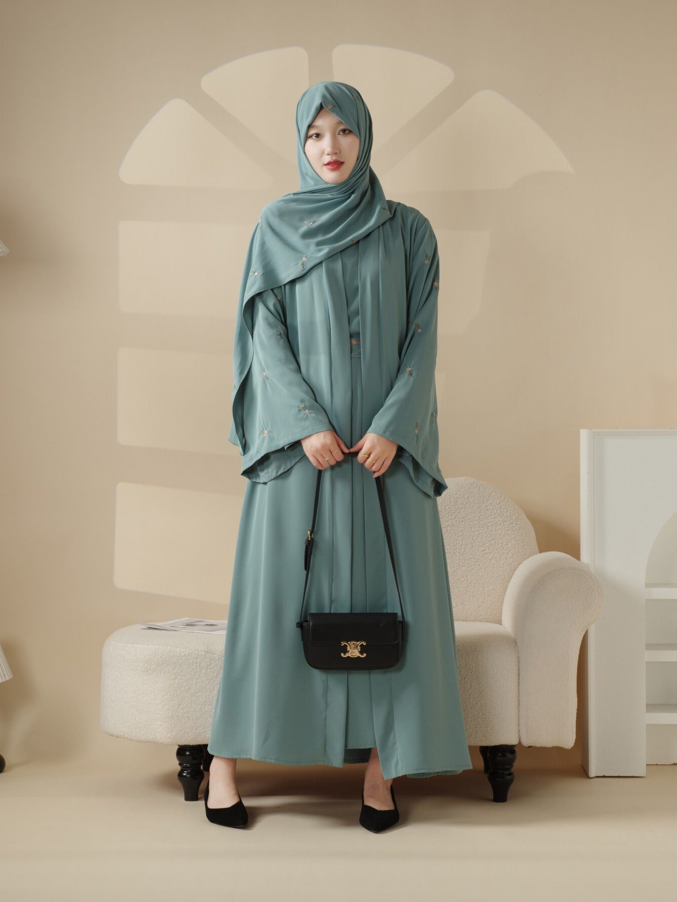 Tulip Embroidery Open Abaya 4pcs set: Includes open abaya, inner dress, matching belt, and hijab