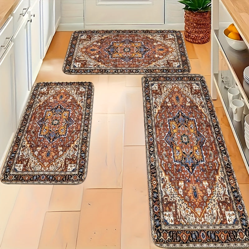 Kitchen Mat Set Featuring a Bohemian Style, Small Decorative Rugs with Vintage Eastern Medal Designs, Persian Carpets Made of Plush Material That Are Stain-Resistant, Non-Slip, Soft, Comfortable, And Easy to Clean