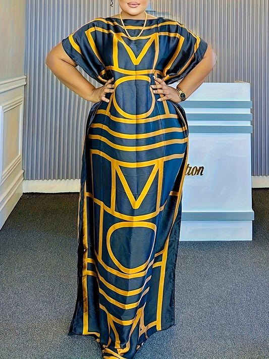 Elegant Plus Size Middle Eastern Kaftan Abaya with Scarf - Vibrant Geometric Floral Design, Soft Non-Stretch Fabric, Perfect for All Seasons, Available in Two Sizes (110g/㎡)