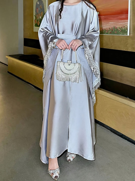 2pcs Women's Fashion Abaya Dress and Cardigan Set with Belt, Suitable for Daily Wear, Parties, and Events