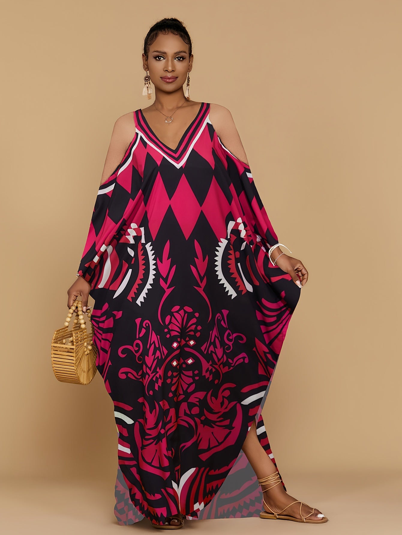 Vibrant Bohemian Kaftan Dress - Four-Sided Elastic V-Neck, Bat Sleeves, Beach Cover-Up