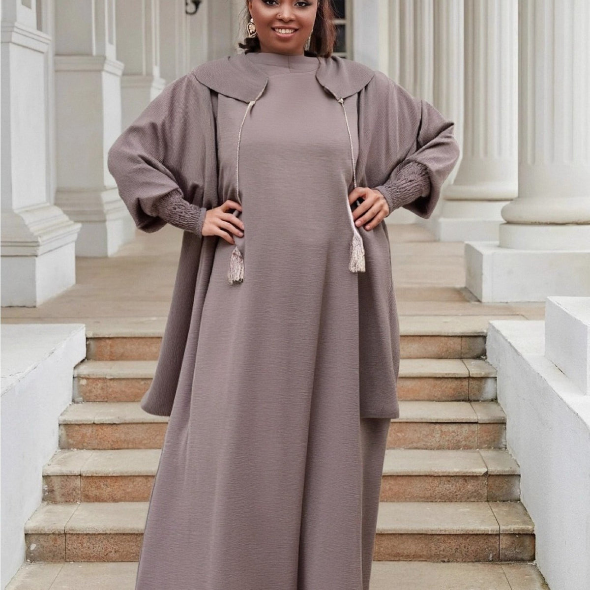 Plus Size Women's Hooded Long Sleeve Abaya - Oversized Loose Fit Solid Color Casual Elegant Gown, Machine Washable All-Season Comfort for Casual Attire, Leisure Outfit