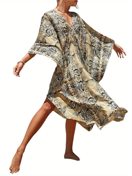 Women's Plus Size Viscose Kaftan Bikini Cover Up Dress - Casual V-Neck Long Sleeve Beach Sun Protection Smock with Random Print Design for Summer Outings, Casual Wear | Patterned Kaftan | Viscose Fabric