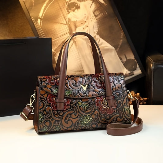 Vintage Floral Design, Versatile Leather Shoulder & Crossbody Bag with Zip Closure