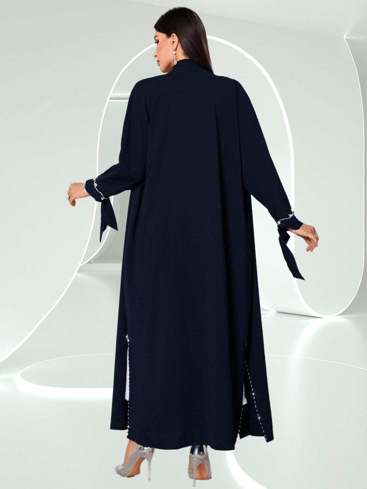 Hand-Sewn Rhinestone-Embellished Oversized Emirati Abaya - Middle Eastern-Inspired Elegance Collection, Solid Color Longline Cover-Up for Casual & Formal Wear, Hand Wash Only, Formal Coverup