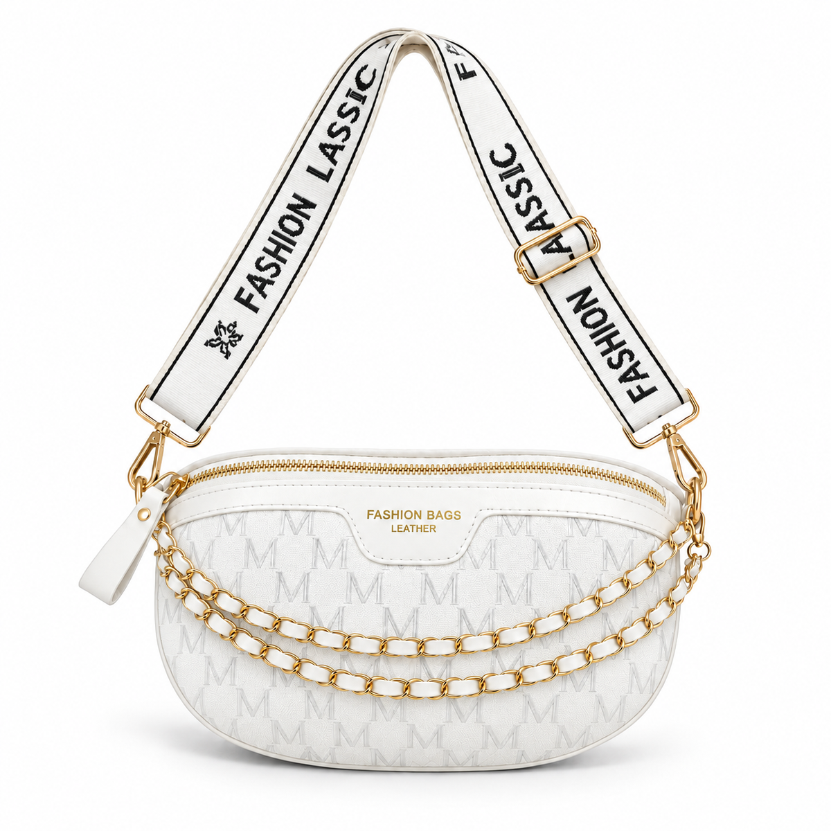 White Monogram Crossbody Bag With Chains
