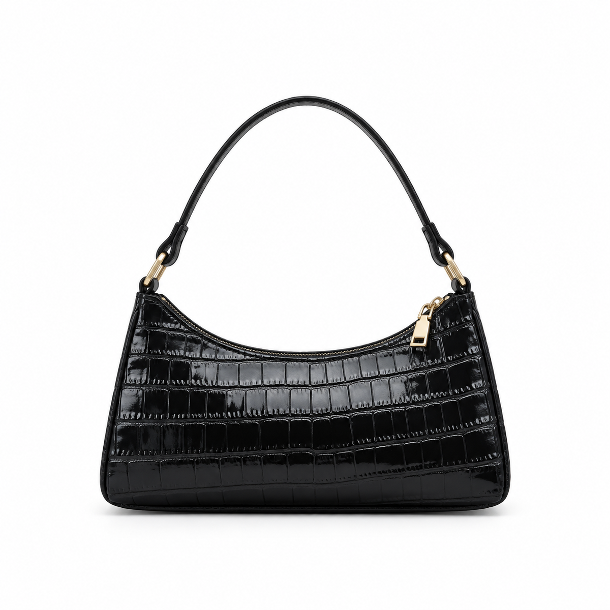 Glossy Croc Embossed Black Shoulder Bag