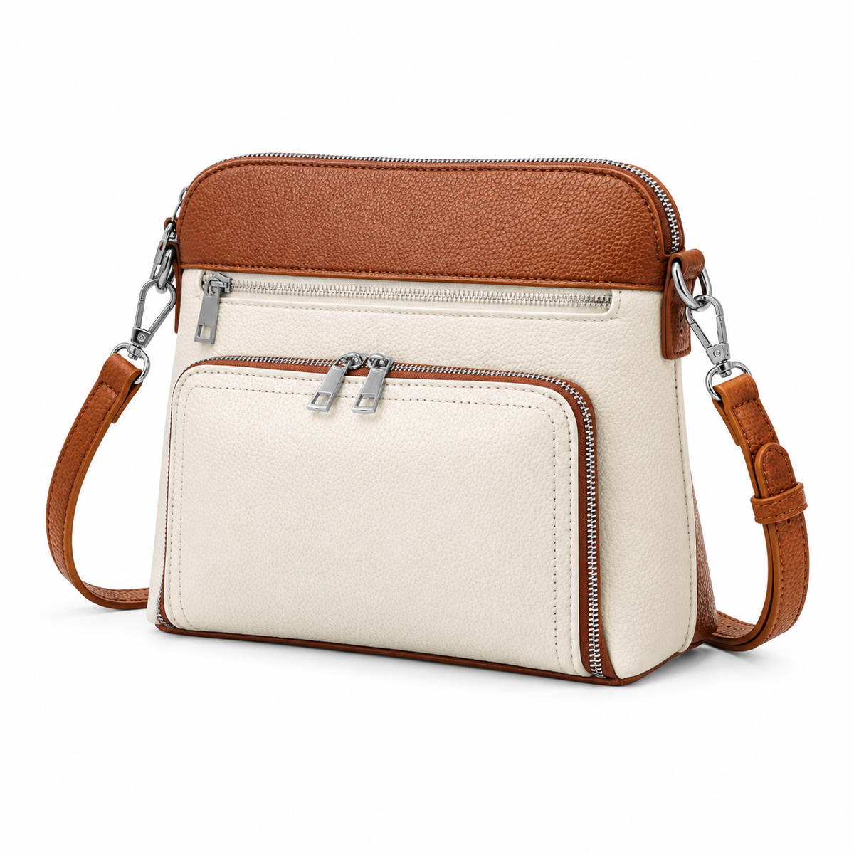 Cream And Brown Zippered Crossbody Bag