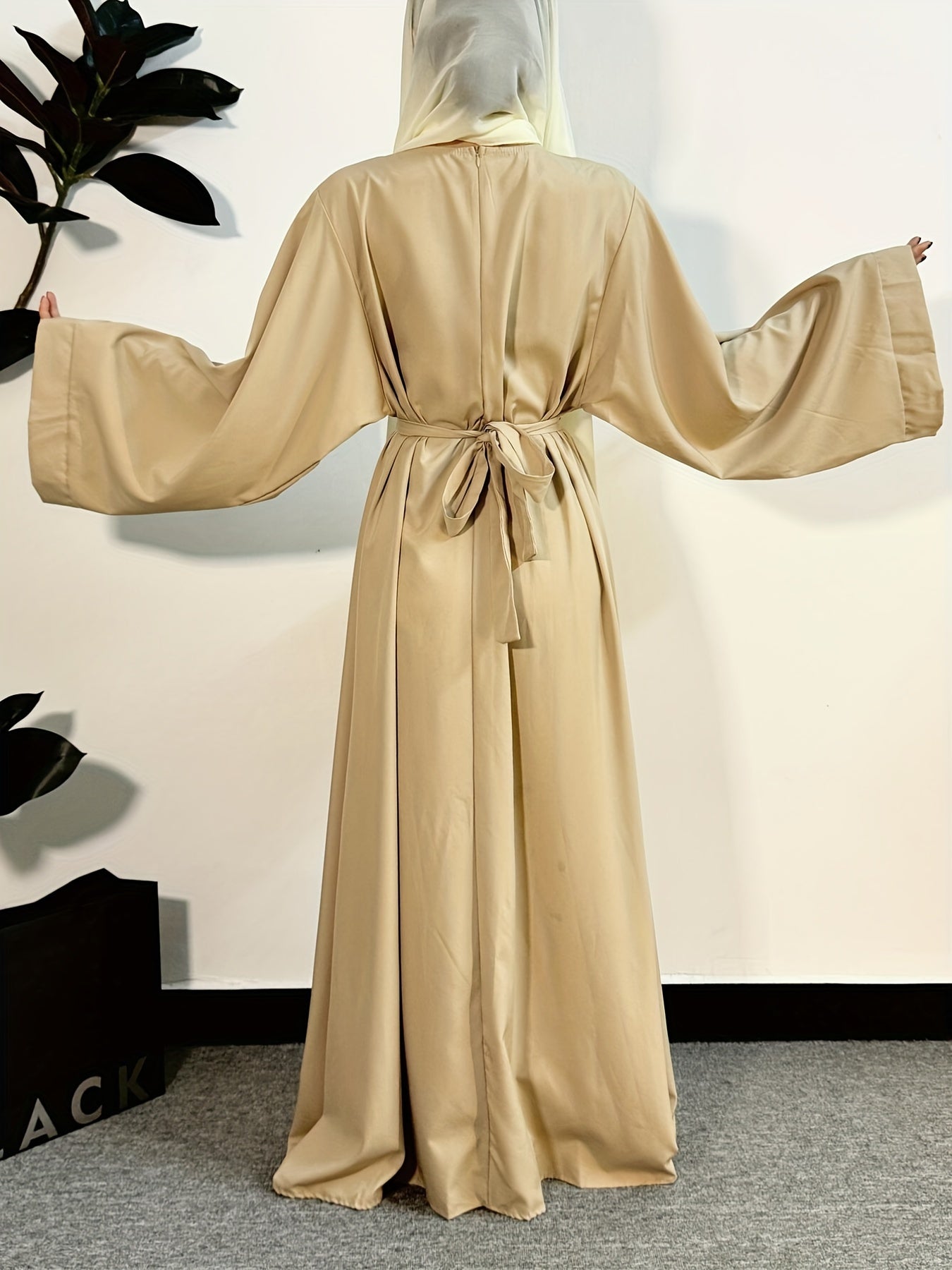 Women's Long Polyester Palestinian Abaya Kaftan with Belt - 100% Polyester, Solid Color, Regular Long Sleeve, Loose Fit, H-Contour, Woven, Non-Stretch, All Seasons, Full-Length Islamic Prayer Dress