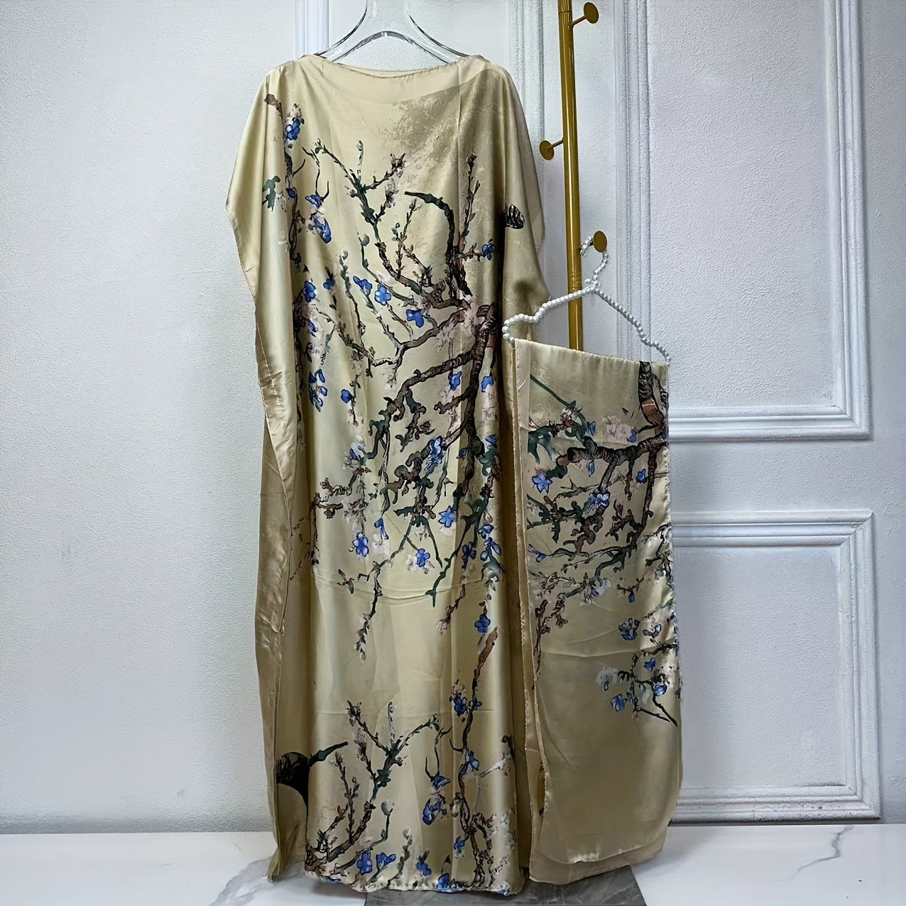 Tree Print Crew Neck Kaftan Abaya, Elegant Batwing Sleeve Loose Fit Maxi Dress With A Hijab, Women's Clothing