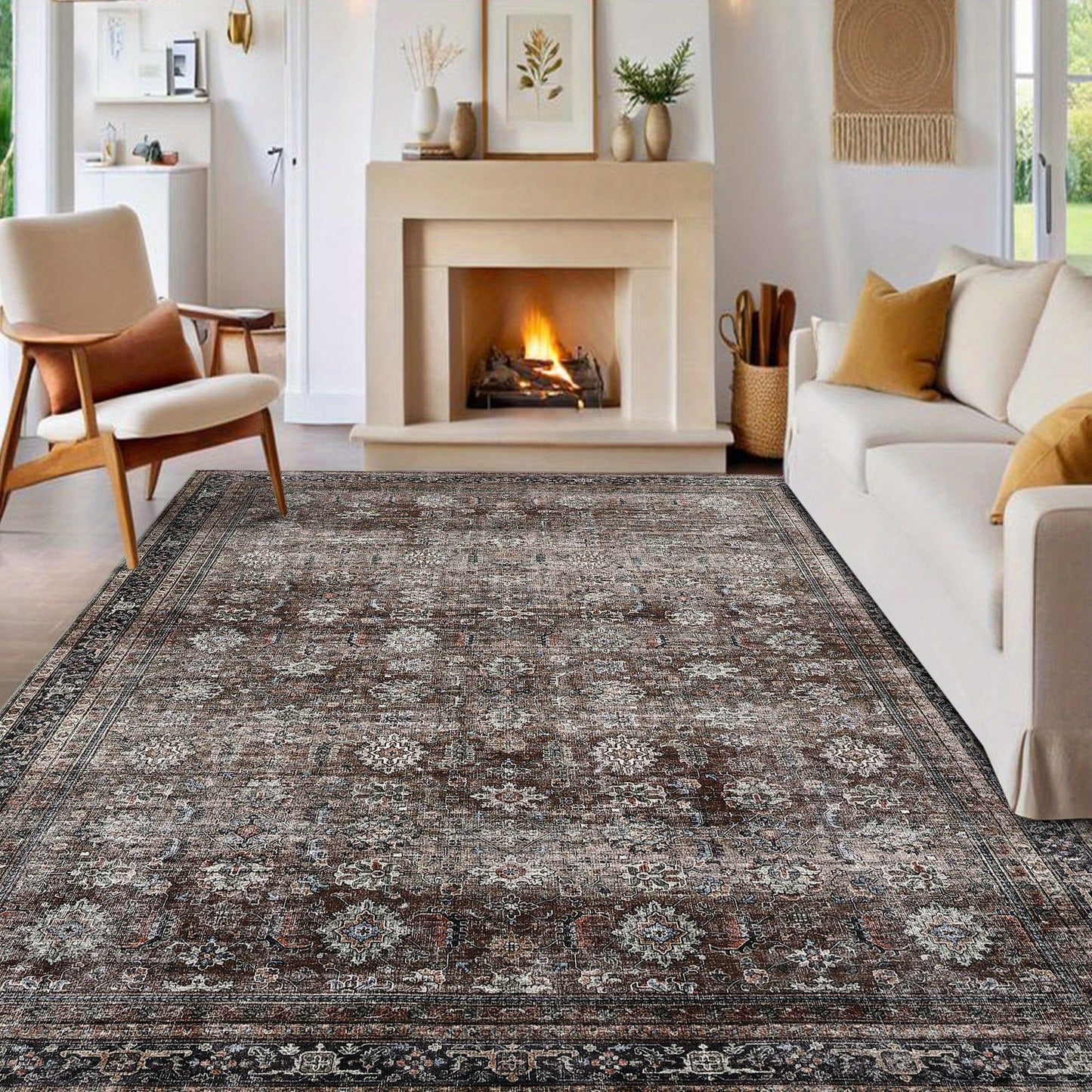 Large 10x13ft Oriental Floral Print Area Mat - Non-Shedding Low Pile Mat, Blue & Brown Beige Traditional Floor Mat for Living Room, Dining Room, Office - Machine Washable Soft Durable Mat with Elegant Floral Medallion Design