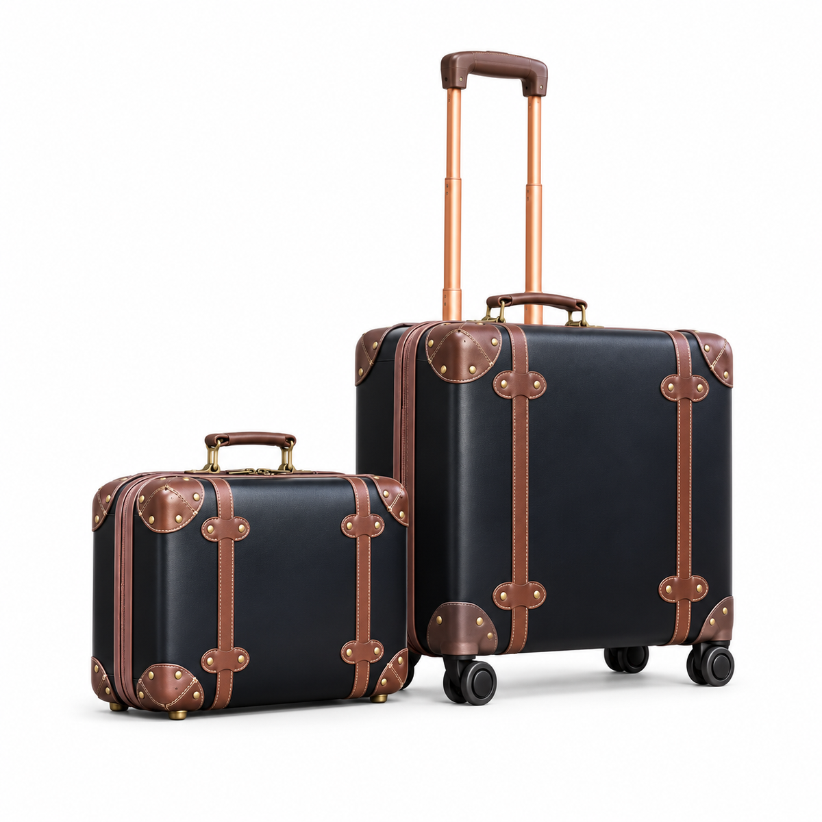 Vintage Black Brown Leather Trolley Luggage Set