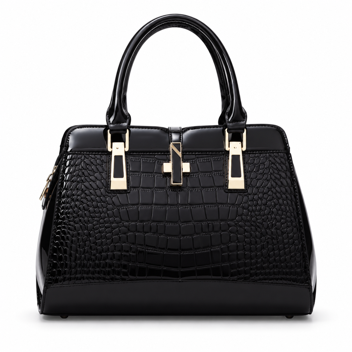 Elegant Black Crocodile Embossed Structured Handbag