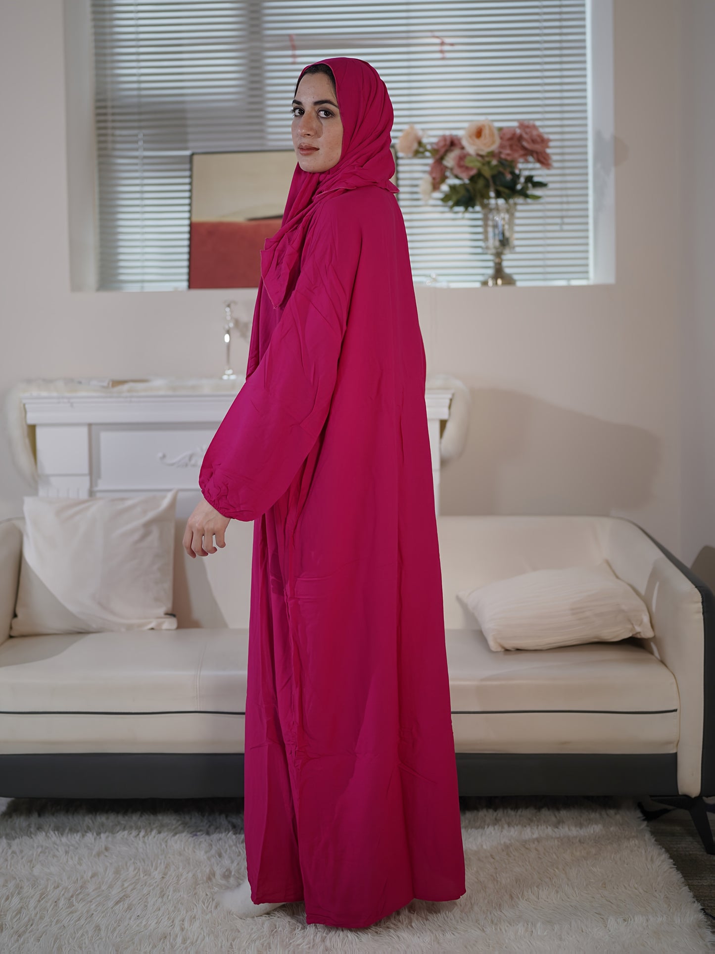 Long Sleeve Comfortable Women's Prayer Arabic Abaya - Integrated Hijab, Solid Color, Loose Fit, Rayon Fabric, Machine Washable