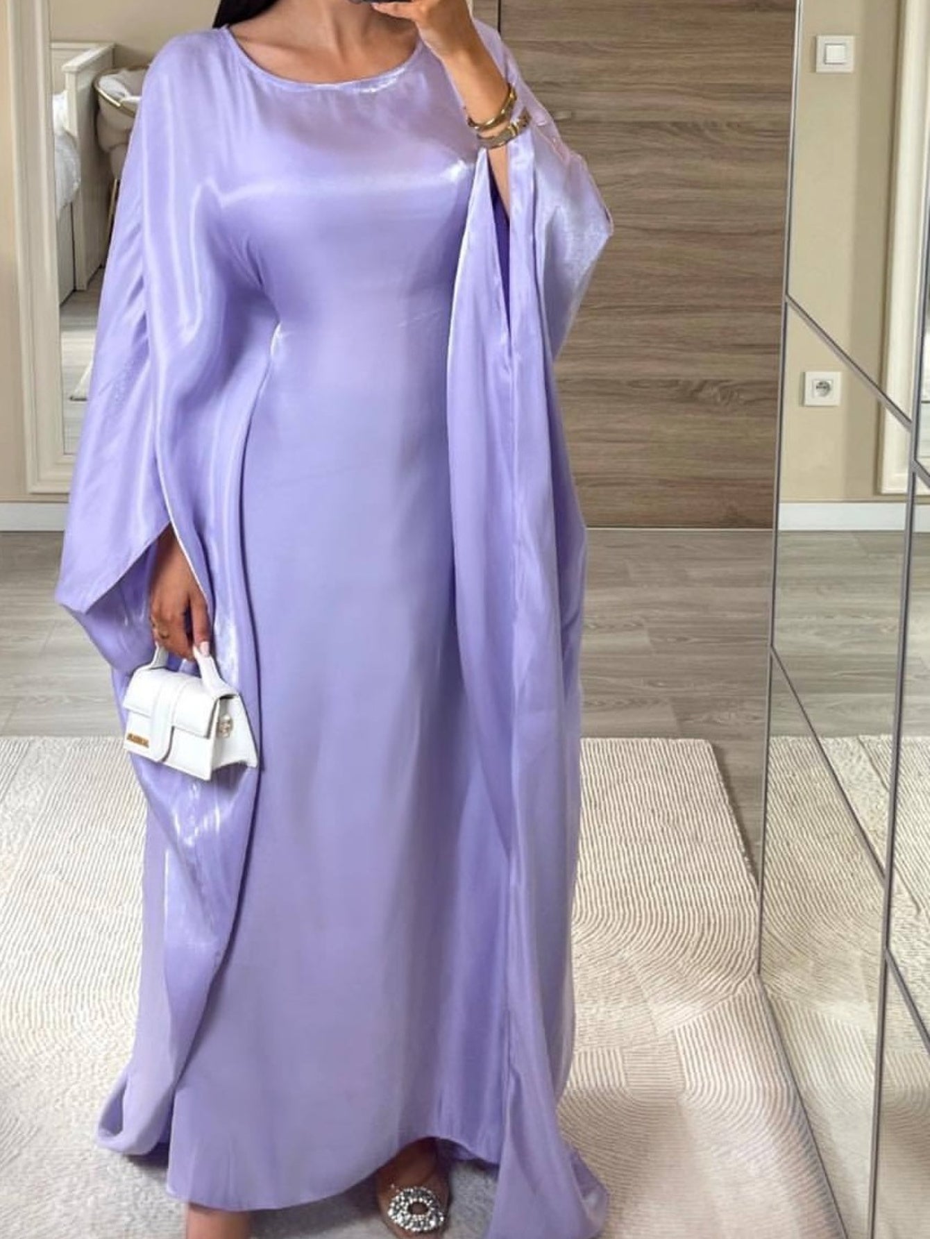 Plus Size, Women's Elegant Lavender Turkish Abaya Robe - Long Sleeve Floor-Length Party Dress with Princess Sleeves, Slim Fit All-Season Modest Gown for Dubai Events, Weddings