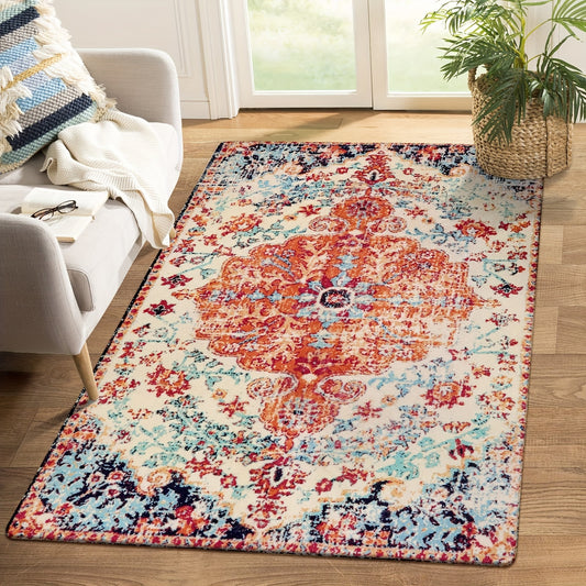 Bohemian Floral Medallion Area Rug - Oriental Distressed Bedroom Arabian Carpet Country Vintage Faux Wool Indoor Throw Mat Non-Slip Washable Low-Pile Carpet For Bathroom Living Kitchen Laundry Room