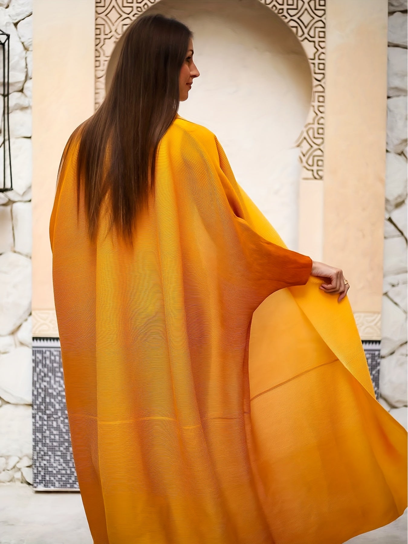 Plus Size - Women's Plus Size Yellow Abaya with Geometric Print - Loose Fit, Long Sleeve, Open Front, Wide Leg, Casual & Versatile for Spring/Summer/Fall, Casual Wear Abaya