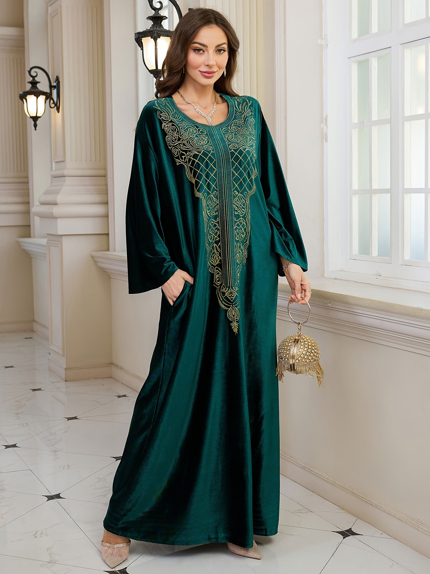 EDOLYNSA round neck embroidery long elegant dark green long sleeve side pocket ethnic dress Turkish robe Middle Eastern fashion casual vacation large size Kaftan blouse
