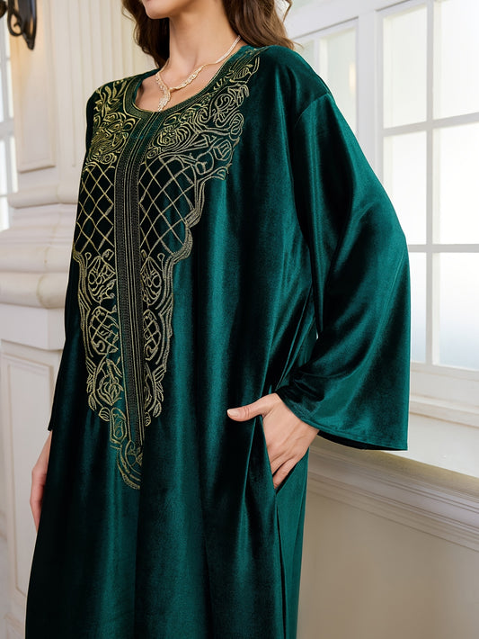 Plus Size - FY Ladies Elegant Embroidery Velvet Long Gown Loose Arabic Abaya Large Size Leisure Resort Beach Jacket Bikini Outerwear Cover-up