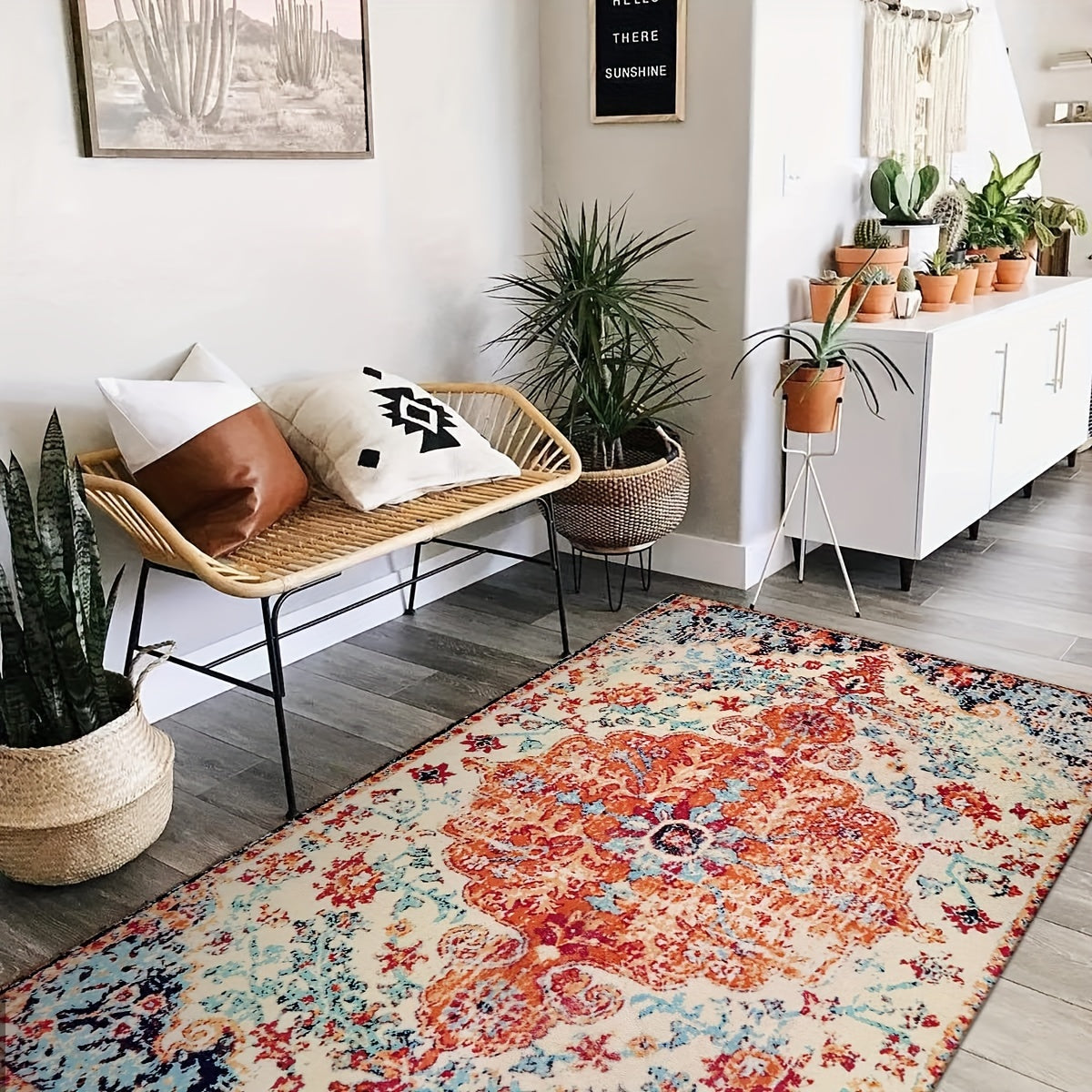 Bohemian Floral Medallion Area Rug - Oriental Distressed Bedroom Carpet Country Vintage Faux Wool Indoor Throw Mat Non-Slip Washable Low-Pile Carpet For Bathroom Living Kitchen Laundry Room
