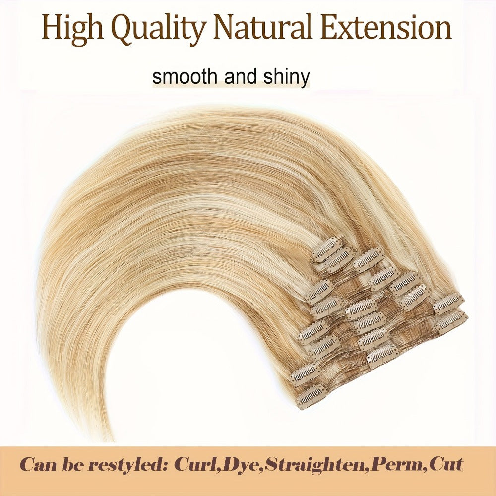 Set of 8pcs of Straight Human Hair Extensions with Double Weft, Featuring 18 Clips, Available in Lengths from 8 to 26 Inches, Color #12P613
