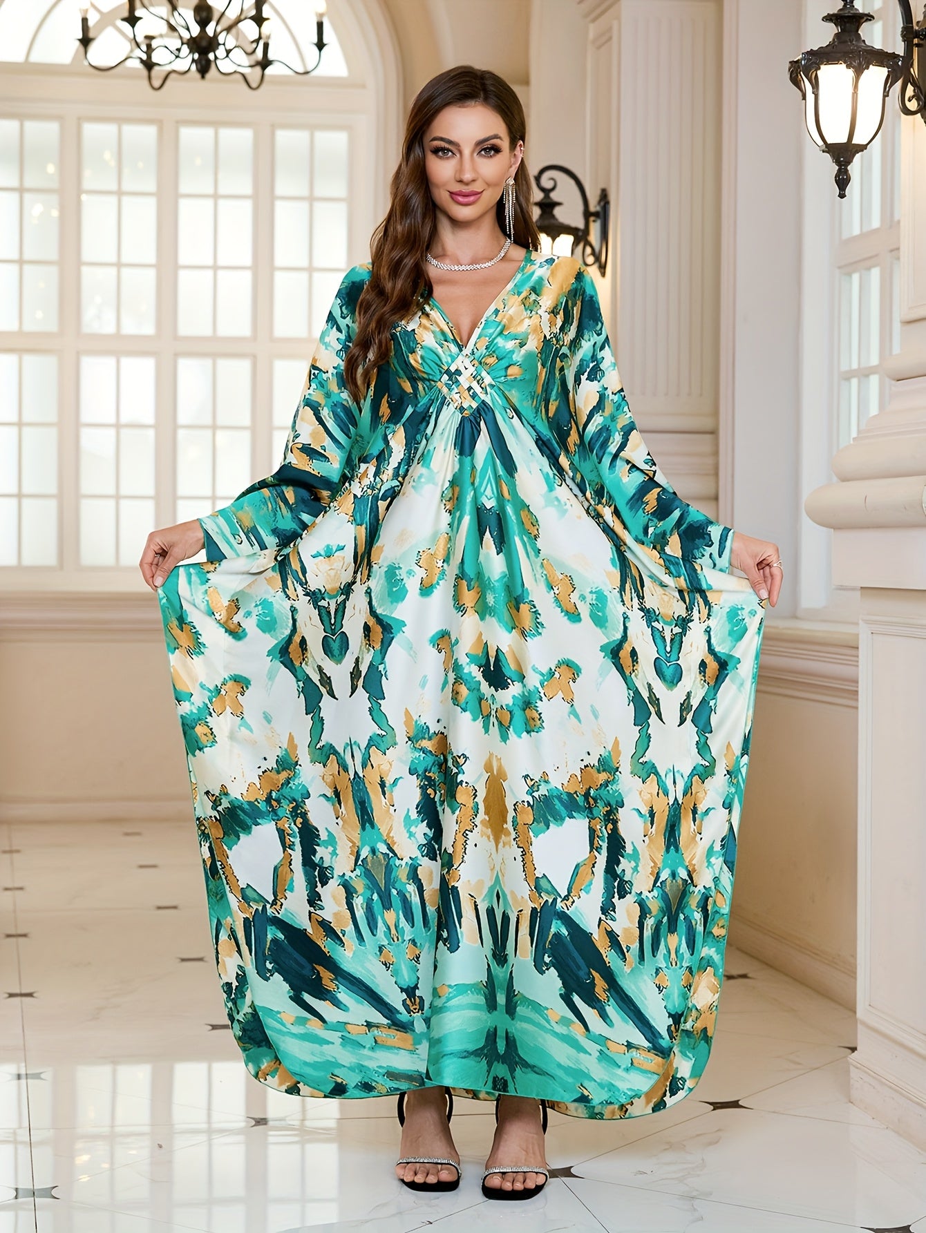[Plus Size Kaftans] Elegant Plus Size Green and White Printed Beach Kaftans | Maxi Dresses Holiday Bathing Suits Cover Ups