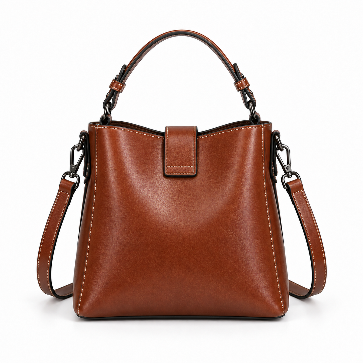 Coffee Brown Structured Leather Shoulder Handbag