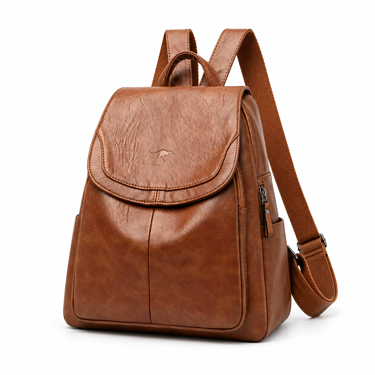Brown Textured Flap Backpack With Pockets