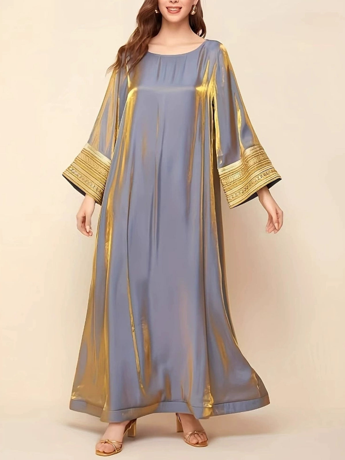 Elegant Women's Long Sleeve Baju Abaya Dress - Crew Neck, Patchwork Design, Loose Swing Fit, Solid Color, Perfect for Spring/Summer, Casual to Formal Wear, Casual Formal Dress