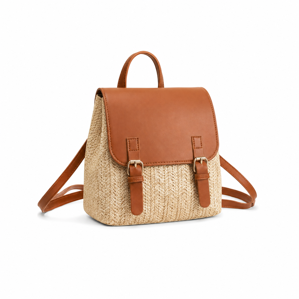 Tan Leather & Woven Straw Mini Backpack Handbag