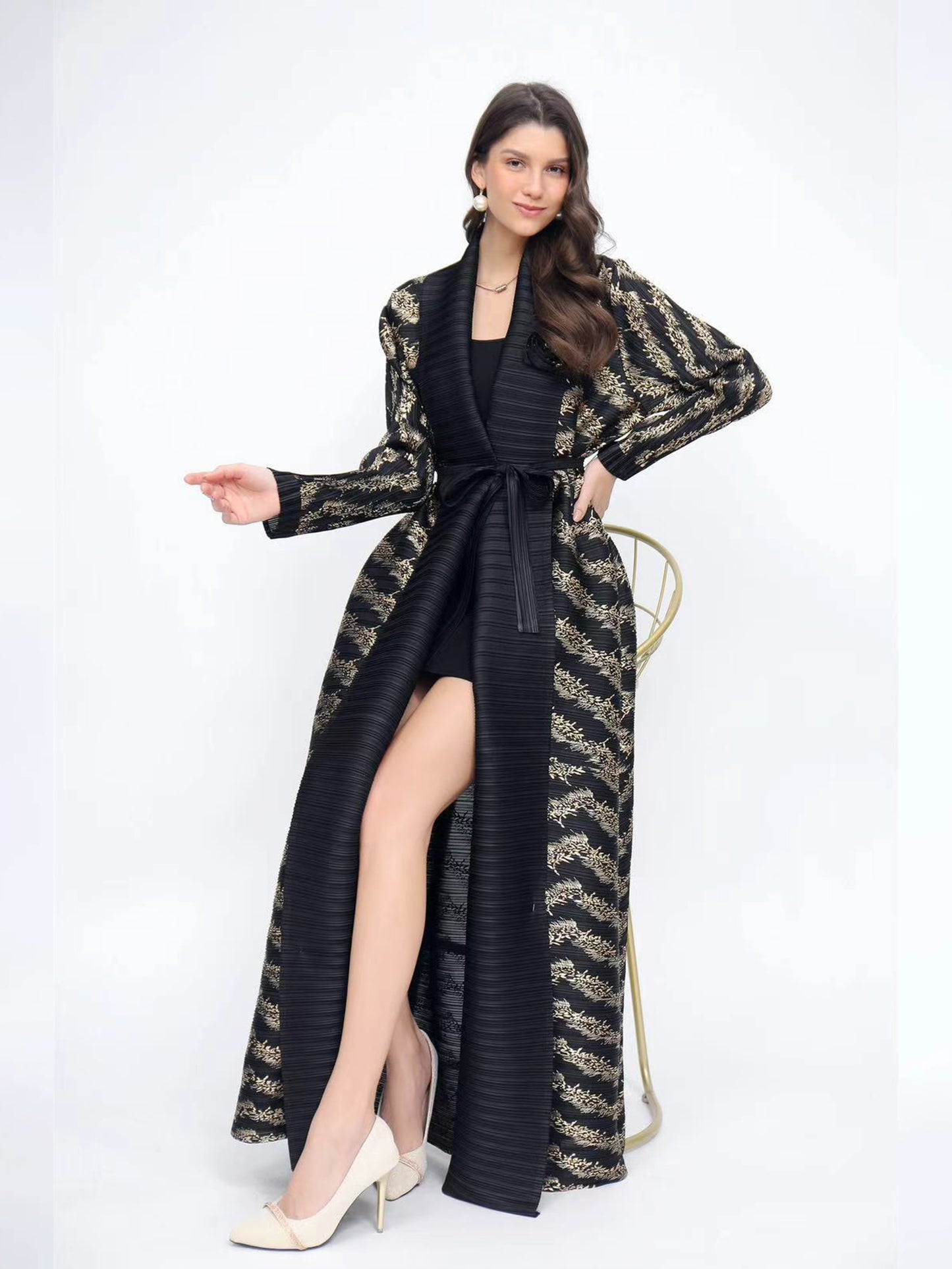 Women's Elegant Black Abaya with Golden Geometric Pattern - Stylish Long-Sleeve Kaftan for Office, Formal Events, and Ramadan - Versatile Middle Eastern Attire, Formal Attire | Elegant Abaya