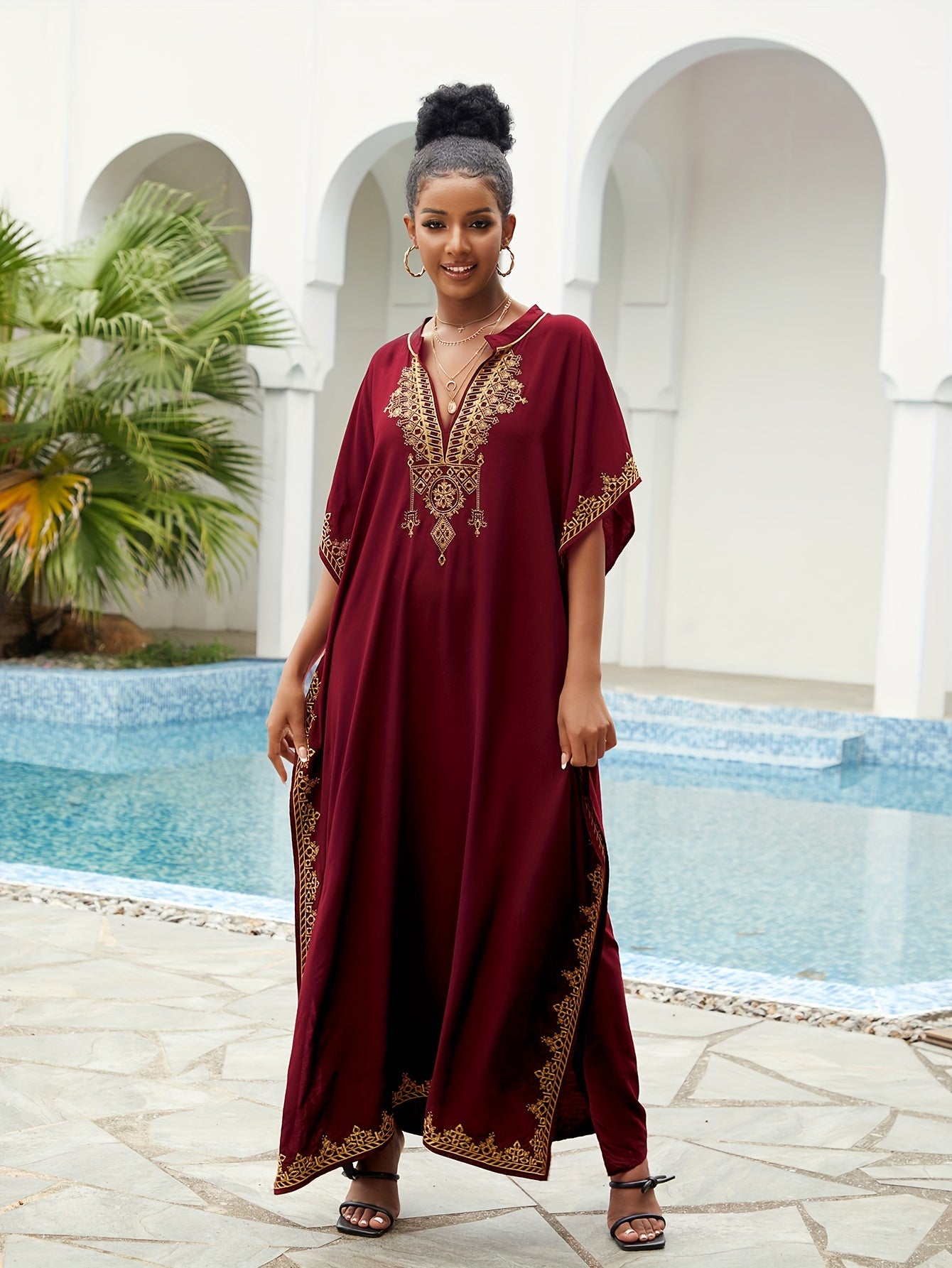 Batwing Sleeve House Kaftan Dress | Embroidery Batwing Sleeve House Kaftan Dress
