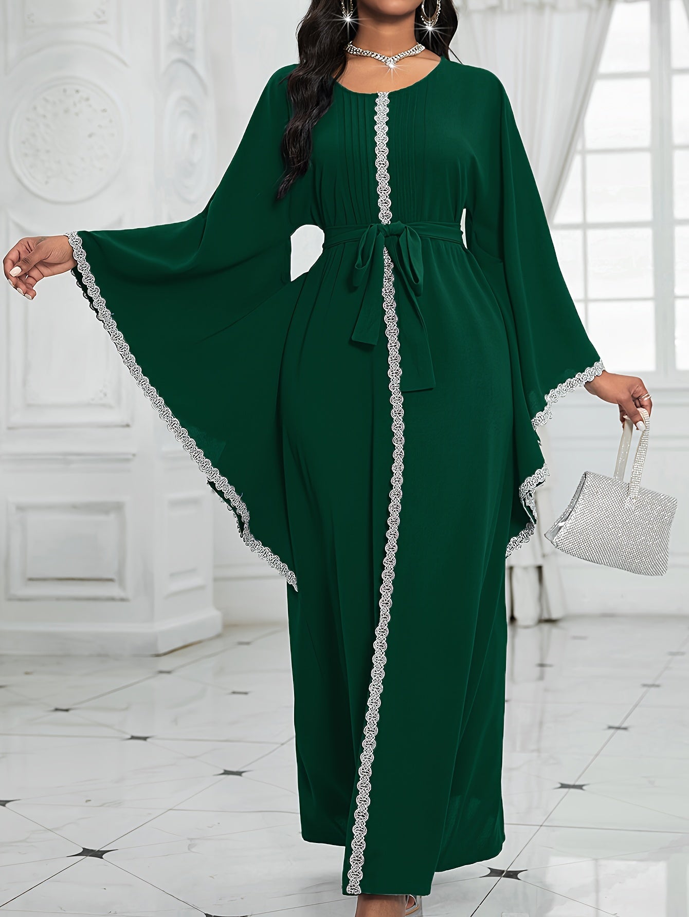 Women's Middle Eastern-Inspired Geometric Print Pakistani Abaya - Long Sleeve Belted Waist Floor-Length Dress with Pockets, Breathable Fabric for Spring/Summer