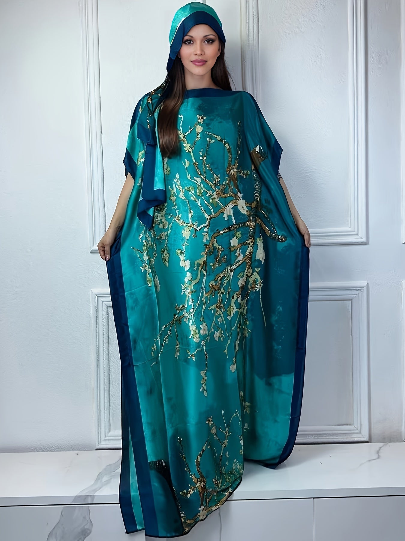 Tree Print Crew Neck Kaftan Abaya, Elegant Batwing Sleeve Loose Fit Maxi Dress With A Hijab, Women's Clothing