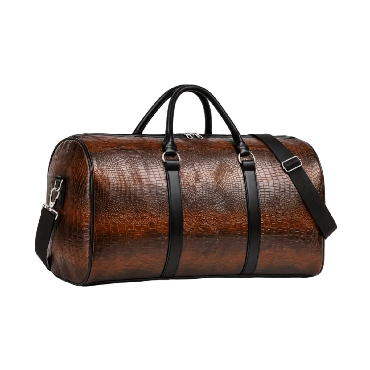 Brown Crocodile Embossed Overnight Duffel Bag