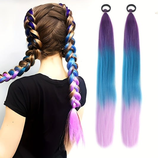 26 Inch Rainbow Synthetic Braided Hair Extensions - Luminous Twisted Hair with Vibrant Gradient Colors (Pink to Blue to Purple), Easy Clip-In for Women, Versatile Hairpiece for Parties & Casual Outfits, Party Hairpiece, Gradi