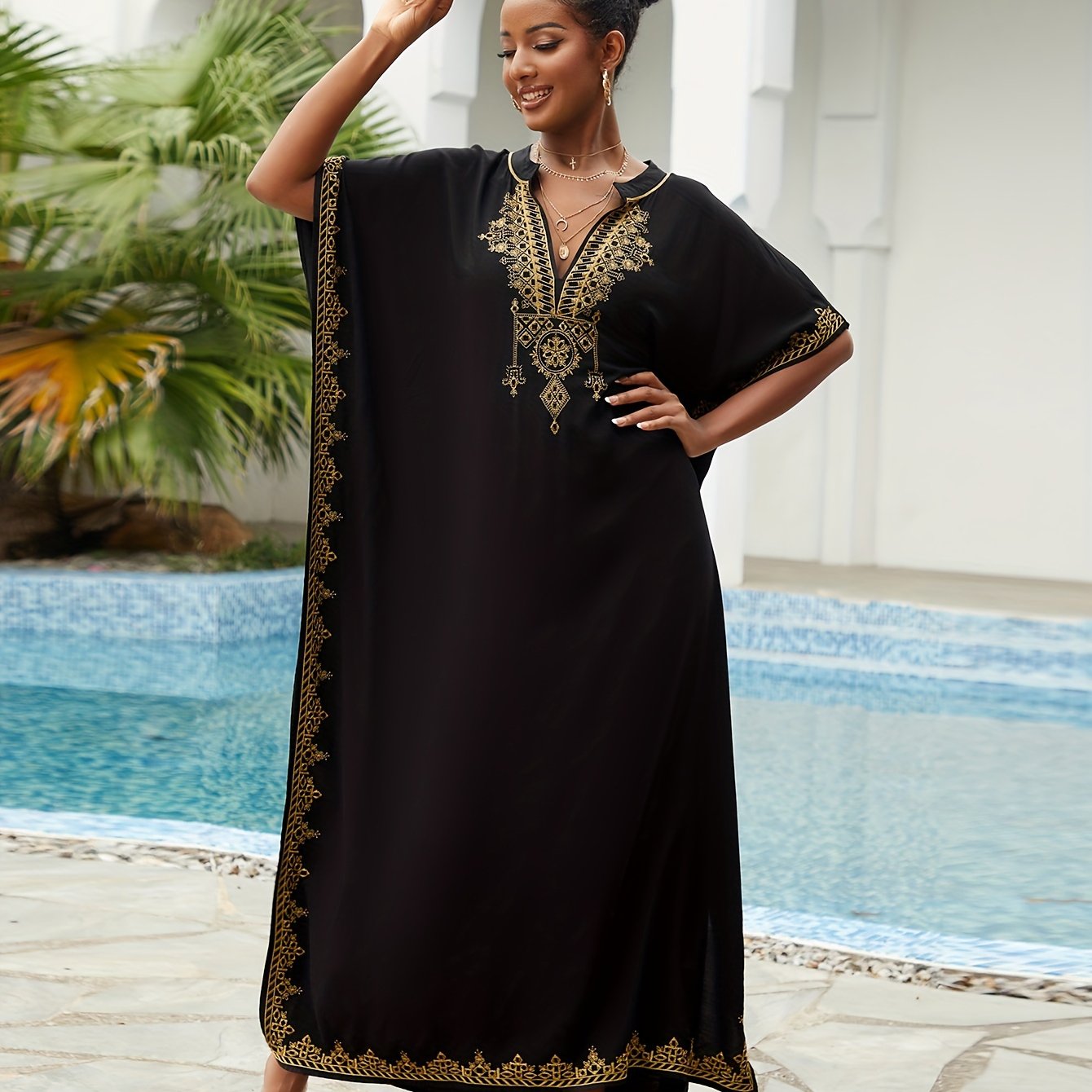 Batwing Sleeve House Kaftan Dress | Embroidery Batwing Sleeve House Kaftan Dress