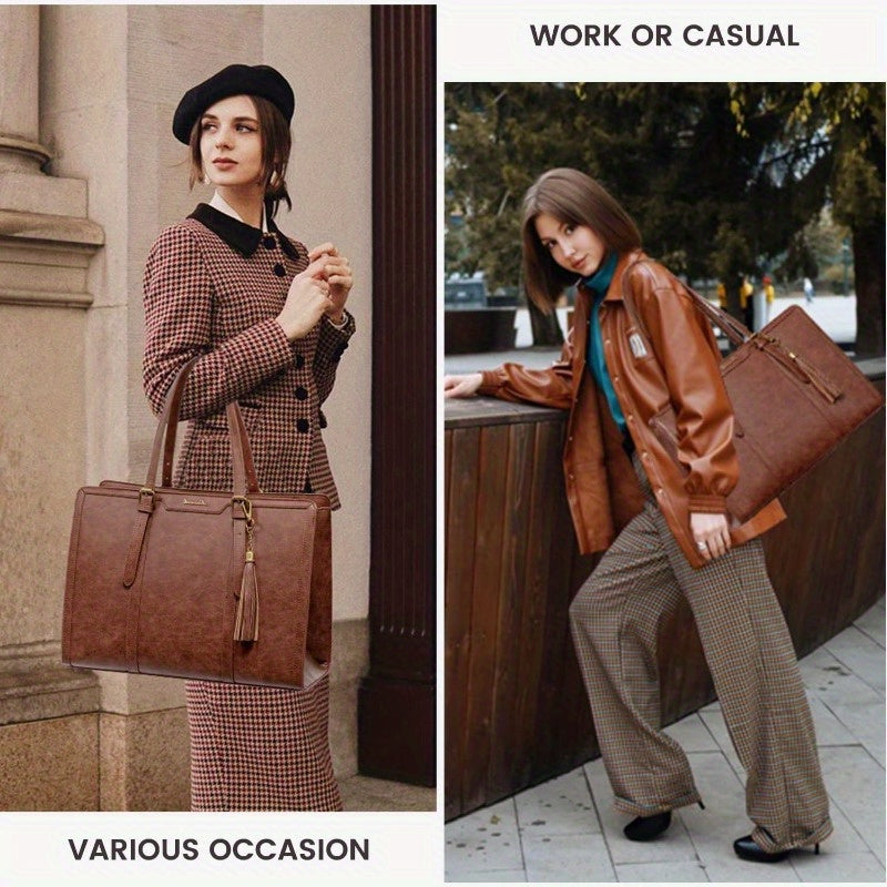 Women's Vintage Laptop Leather Tote Bag 15.6 Inch with Clutch Purse - Large Capacity Work Bag, Multi-Pocket Organizer & Metal Feet, Convertible Shoulder/Crossbody Bag for Office, Travel