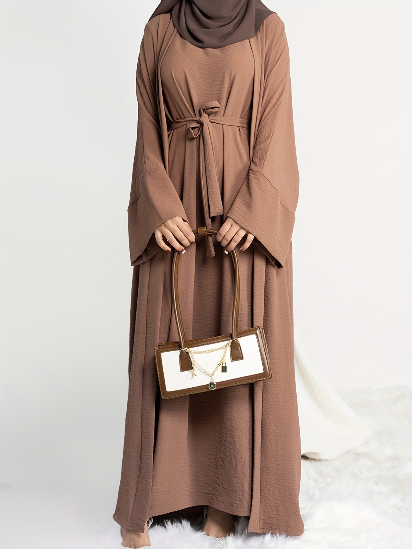 Muslim Lady 2pcs Arabic Abaya Set Eid Abaya Inner+open Abaya With Pocket