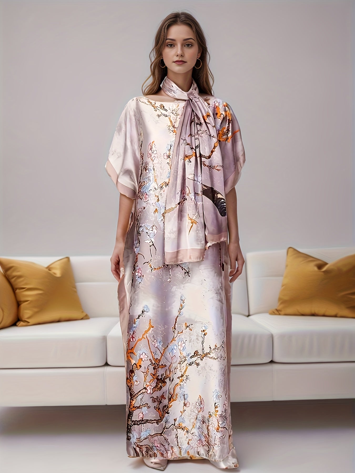Elegant Floral Print Abaya Set with Batwing Sleeves and Draped Asymmetrical Hem