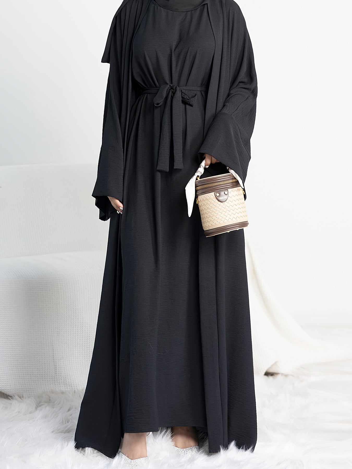 Muslim Lady 2pcs Arabic Abaya Set Eid Abaya Inner+open Abaya With Pocket